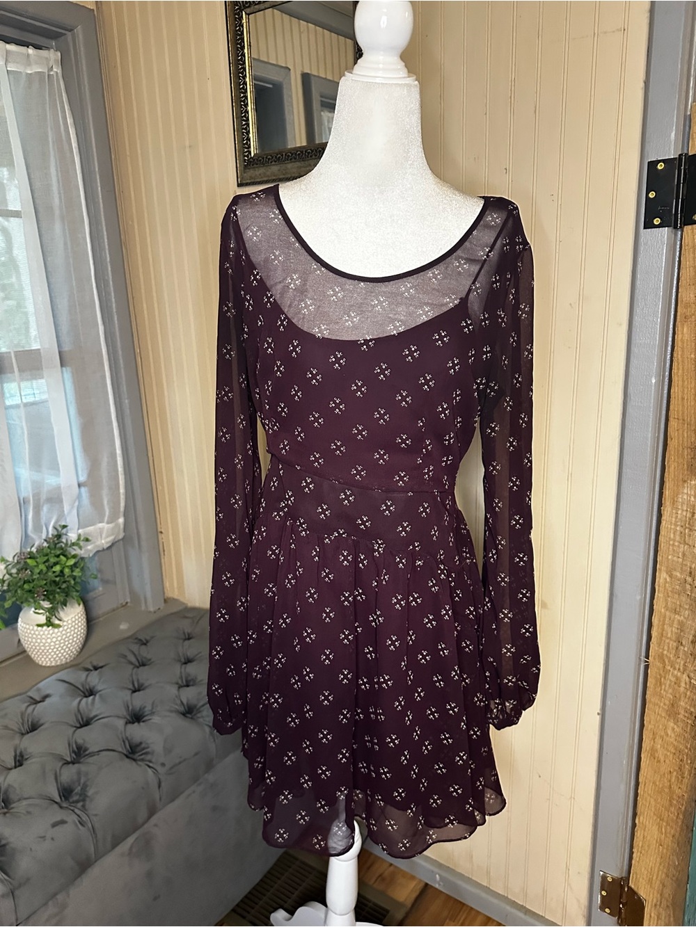 Free People Purple Floral Print Long Sleeve Mini Dress Women’s Medium Boho Sheer